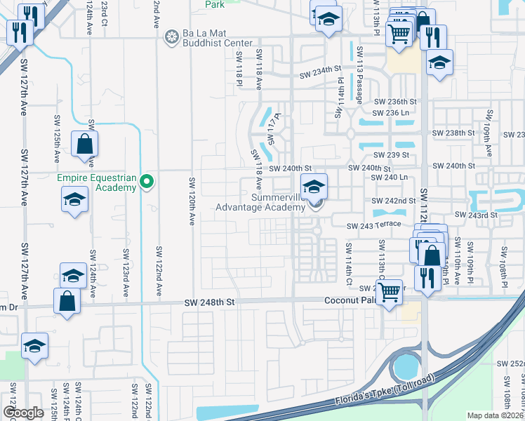 map of restaurants, bars, coffee shops, grocery stores, and more near 11786 Southwest 242 Terrace in Princeton