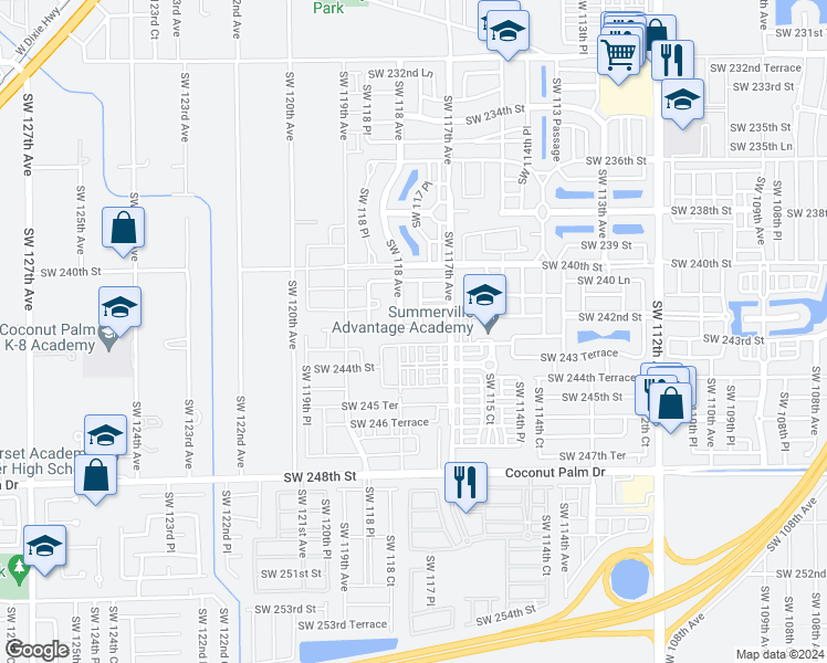 map of restaurants, bars, coffee shops, grocery stores, and more near 11786 Southwest 242 Terrace in Princeton
