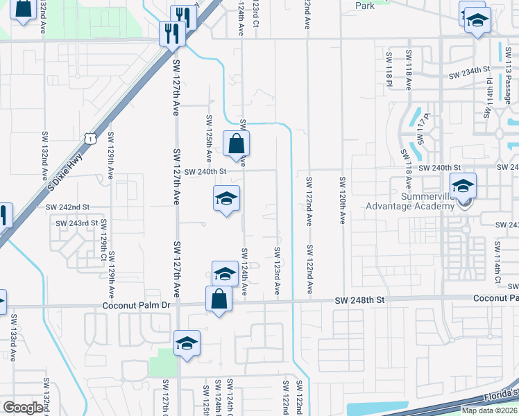 map of restaurants, bars, coffee shops, grocery stores, and more near 24201 Southwest 124th Avenue in Homestead