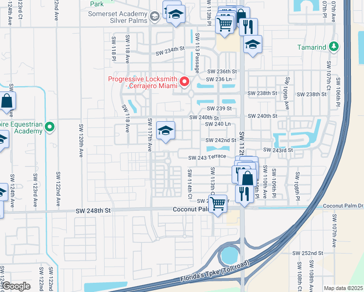 map of restaurants, bars, coffee shops, grocery stores, and more near 11465 Southwest 242nd Lane in Homestead