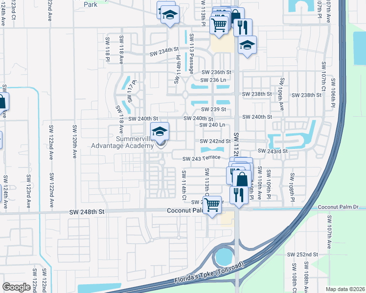 map of restaurants, bars, coffee shops, grocery stores, and more near 11465 Southwest 242nd Lane in Homestead