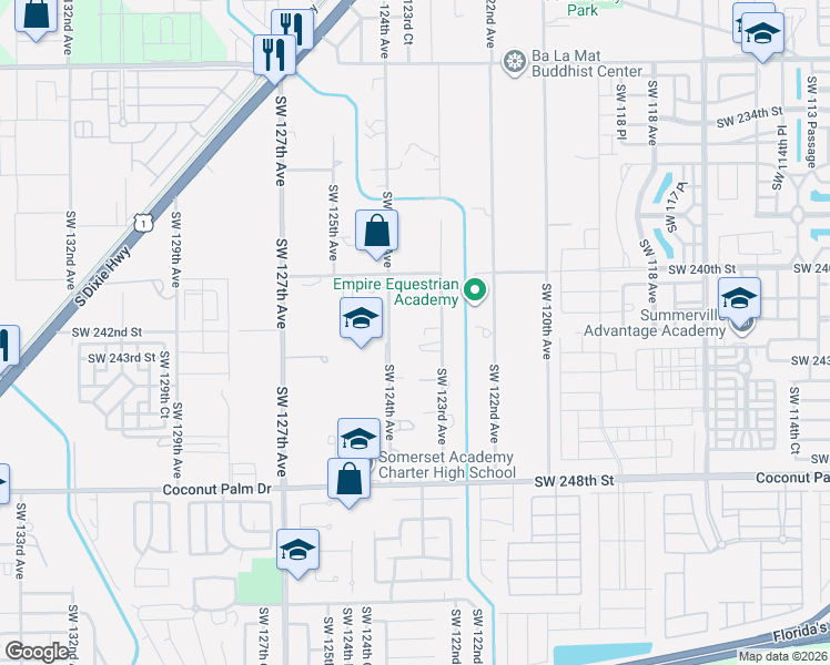 map of restaurants, bars, coffee shops, grocery stores, and more near 24201 Southwest 124th Avenue in Homestead