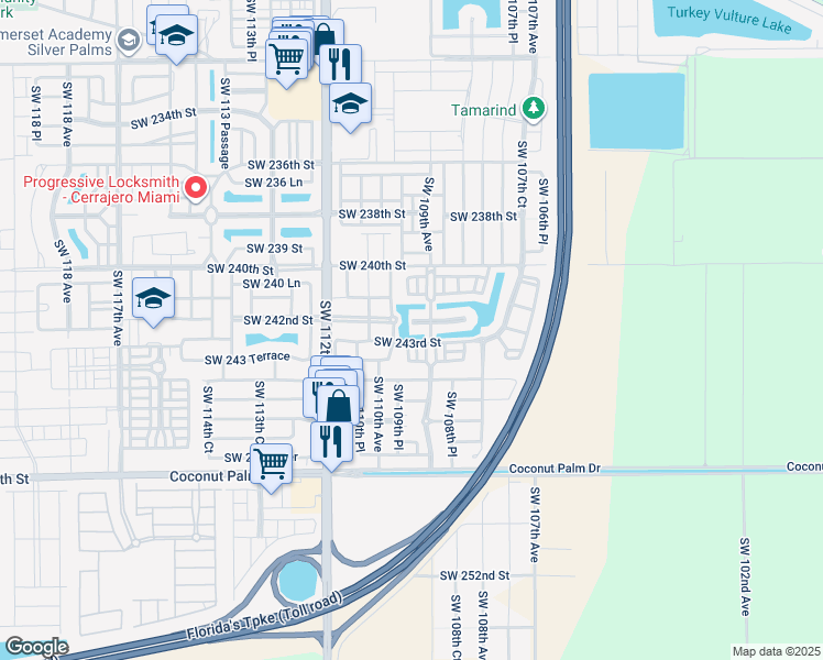 map of restaurants, bars, coffee shops, grocery stores, and more near 10942 Southwest 242nd Street in Homestead