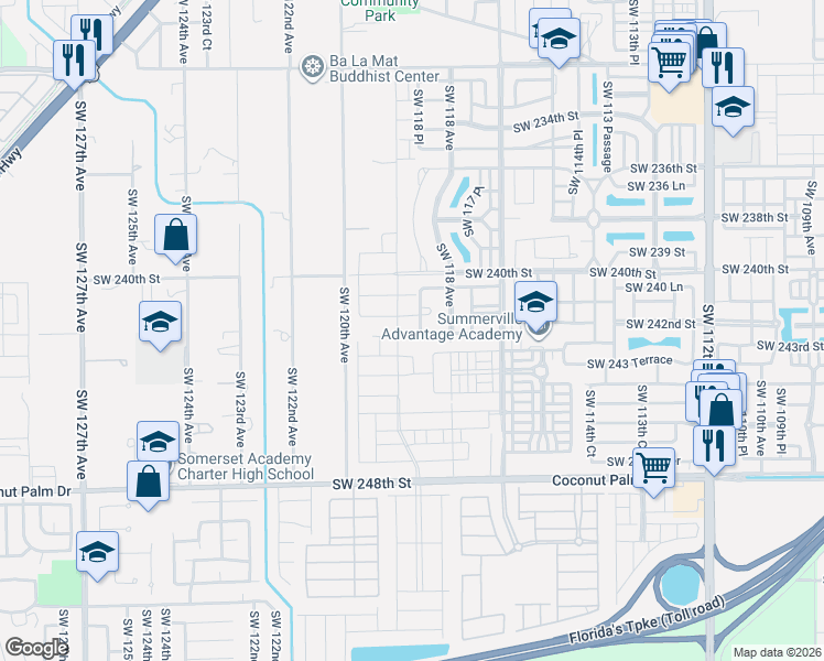 map of restaurants, bars, coffee shops, grocery stores, and more near 11854 Southwest 242 Terrace in Princeton