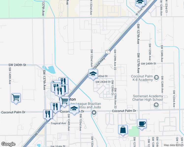 map of restaurants, bars, coffee shops, grocery stores, and more near 24141 South Dixie Highway in Homestead