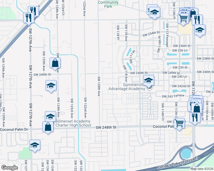 map of restaurants, bars, coffee shops, grocery stores, and more near 24275 Southwest 120th Avenue in Princeton