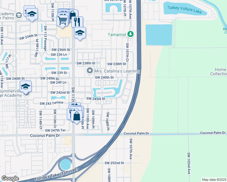 map of restaurants, bars, coffee shops, grocery stores, and more near 10854 Southwest 242nd Street in Homestead