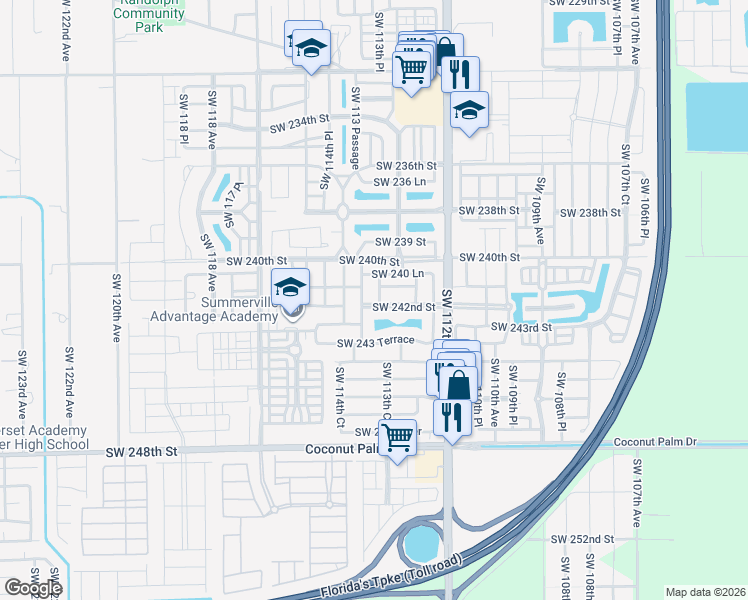map of restaurants, bars, coffee shops, grocery stores, and more near 11318 Southwest 241st Street in Homestead