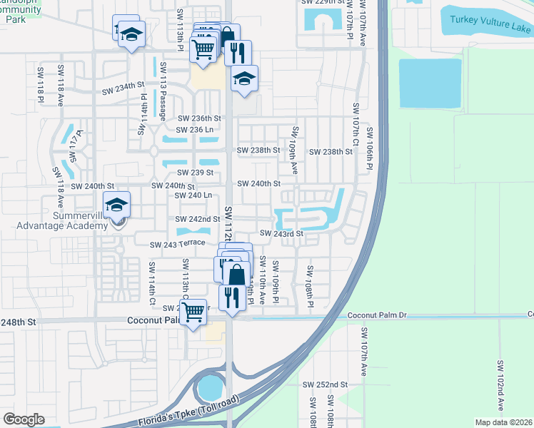 map of restaurants, bars, coffee shops, grocery stores, and more near 11001 Southwest 241st Street in Homestead