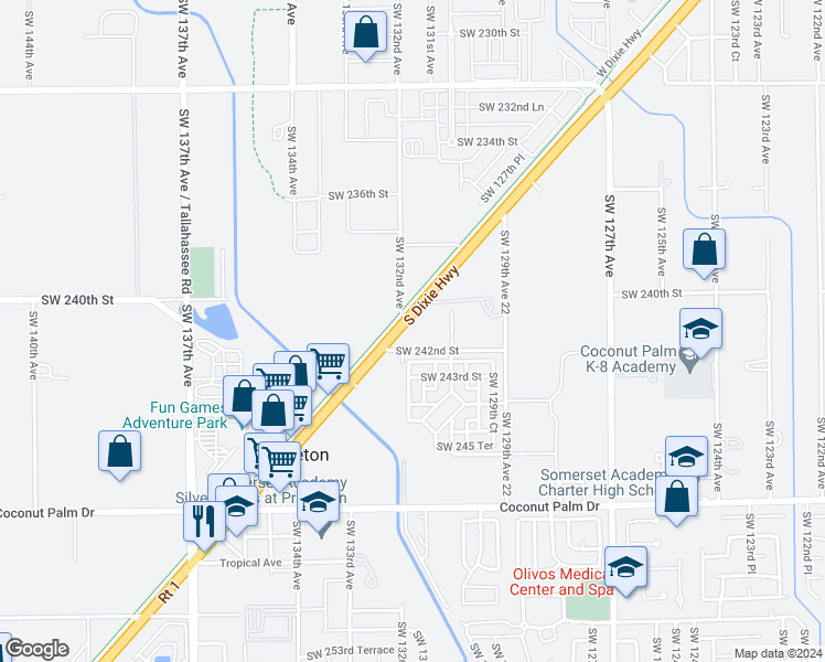 map of restaurants, bars, coffee shops, grocery stores, and more near 24141 South Dixie Highway in Homestead