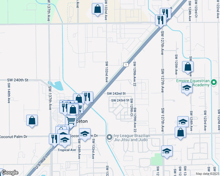 map of restaurants, bars, coffee shops, grocery stores, and more near 13081 Southwest 242nd Street in Princeton