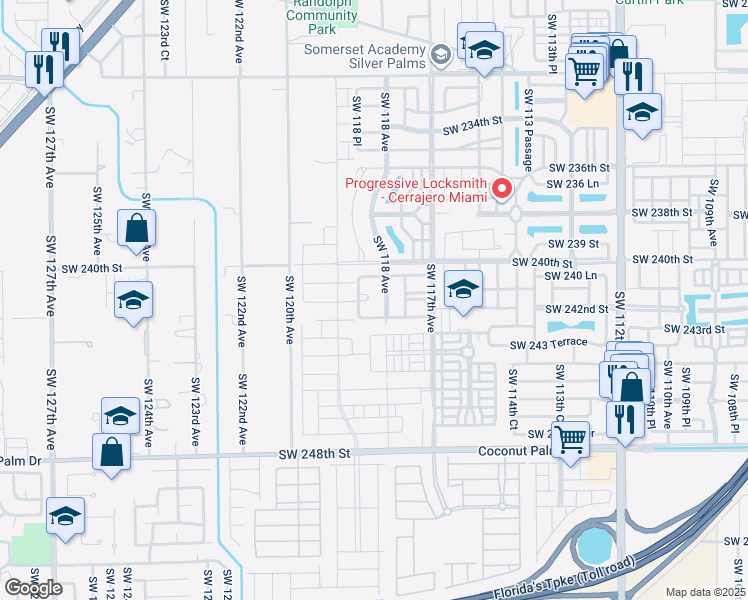 map of restaurants, bars, coffee shops, grocery stores, and more near 24043 Southwest 118 Avenue in Princeton