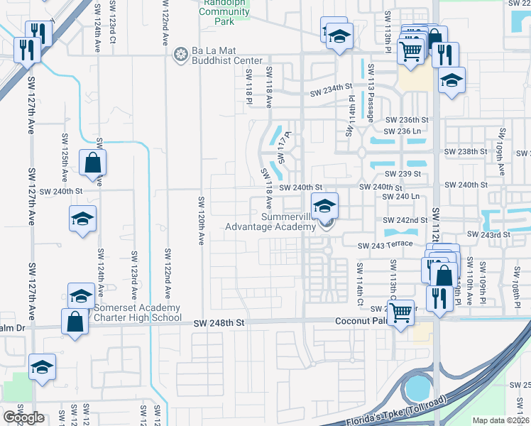 map of restaurants, bars, coffee shops, grocery stores, and more near 24144 Southwest 118 Avenue in Princeton
