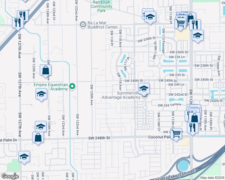 map of restaurants, bars, coffee shops, grocery stores, and more near 11842 Southwest 240th Street in Homestead