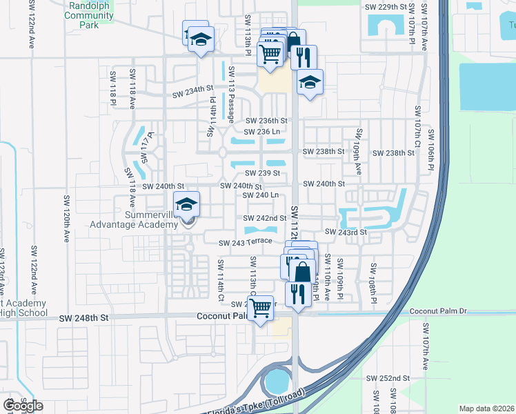 map of restaurants, bars, coffee shops, grocery stores, and more near 11318 Southwest 241st Street in Homestead