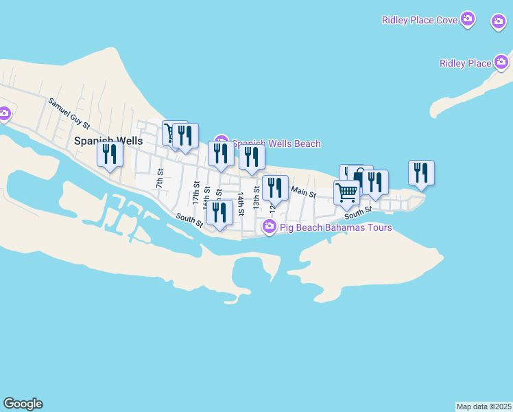 map of restaurants, bars, coffee shops, grocery stores, and more near 13th Street in Spanish Wells