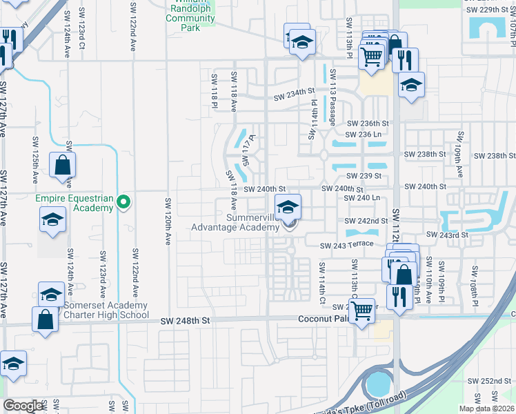 map of restaurants, bars, coffee shops, grocery stores, and more near 11710 Southwest 240th Street in Homestead