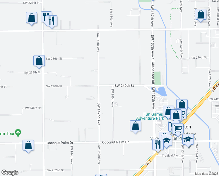 map of restaurants, bars, coffee shops, grocery stores, and more near 14000 Southwest 240th Street in Homestead