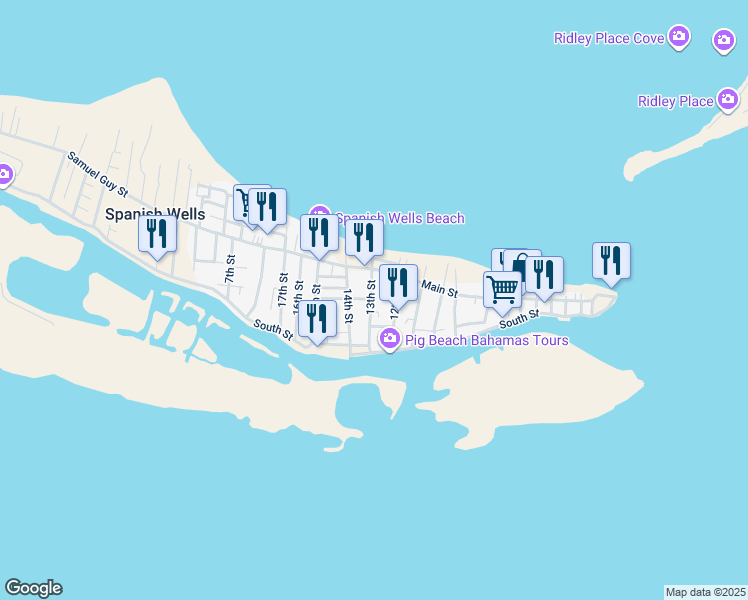 map of restaurants, bars, coffee shops, grocery stores, and more near 13th Street in Spanish Wells