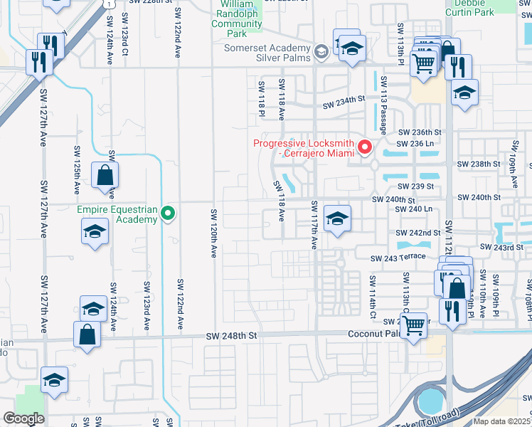 map of restaurants, bars, coffee shops, grocery stores, and more near 11842 Southwest 240th Street in Homestead