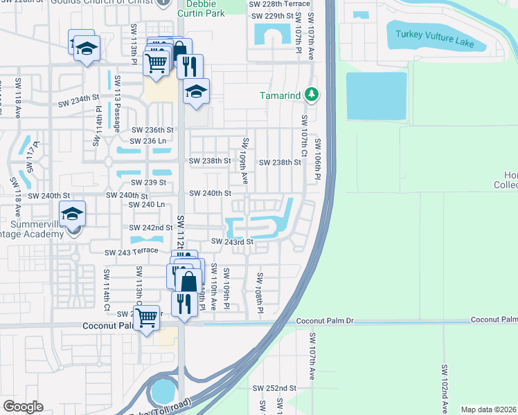 map of restaurants, bars, coffee shops, grocery stores, and more near 10829 Southwest 240th Lane in Homestead