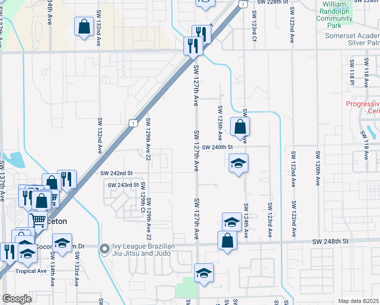 map of restaurants, bars, coffee shops, grocery stores, and more near 24000 Southwest 127th Avenue in Homestead
