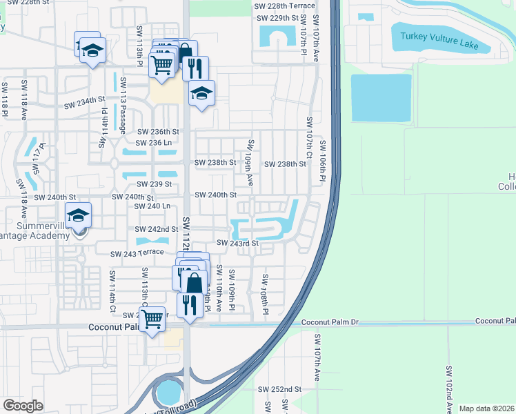 map of restaurants, bars, coffee shops, grocery stores, and more near 10829 Southwest 240th Lane in Homestead