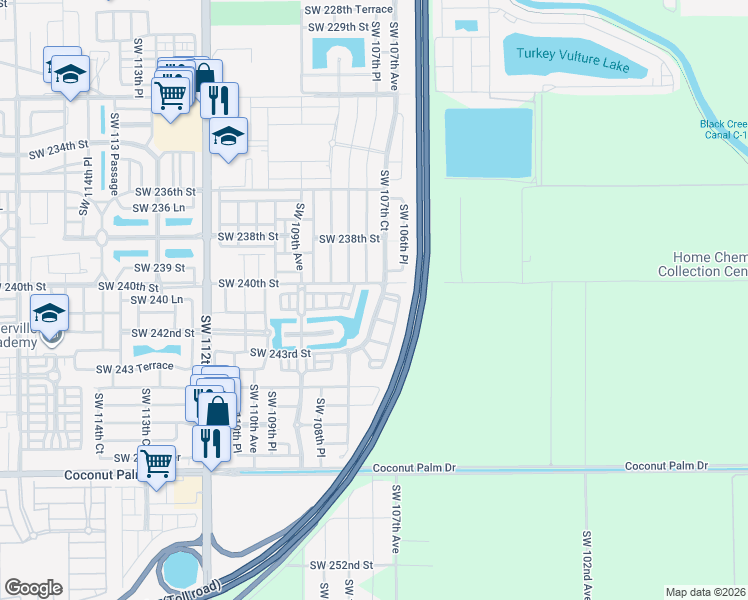 map of restaurants, bars, coffee shops, grocery stores, and more near 24079 Southwest 108th Avenue in Homestead