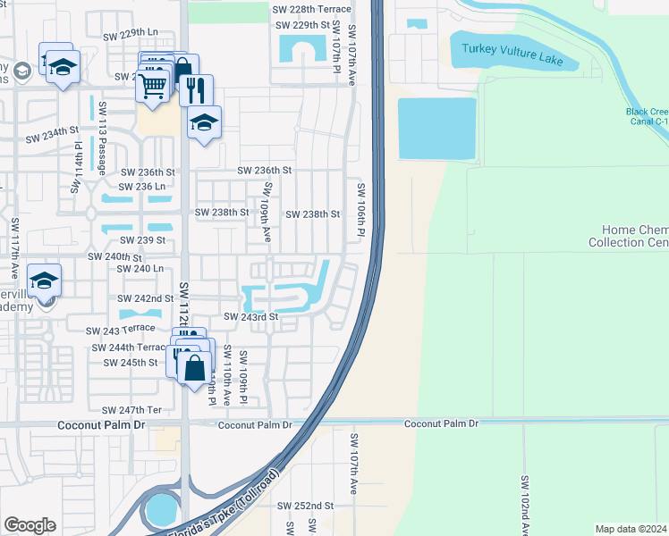 map of restaurants, bars, coffee shops, grocery stores, and more near 24079 Southwest 108th Avenue in Homestead