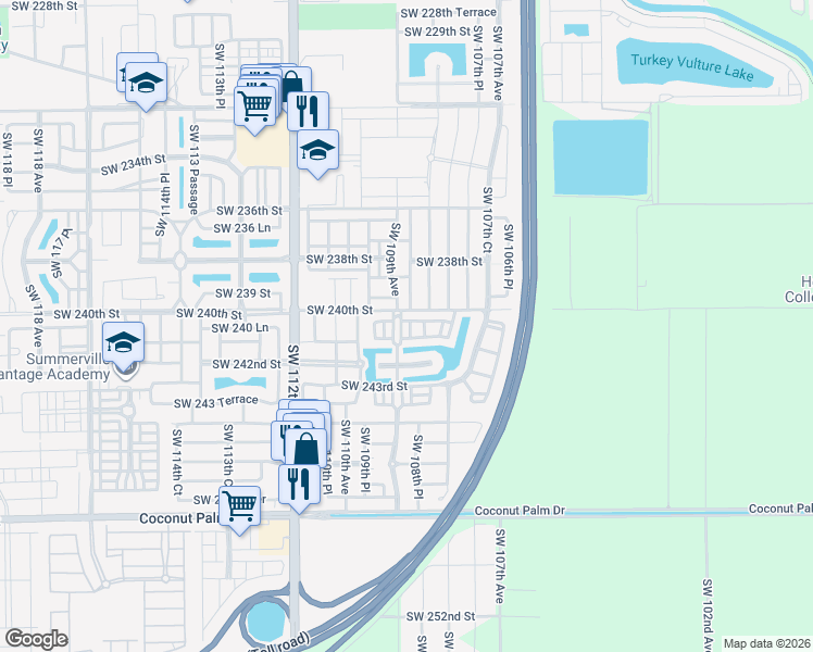 map of restaurants, bars, coffee shops, grocery stores, and more near 10829 Southwest 240th Lane in Homestead