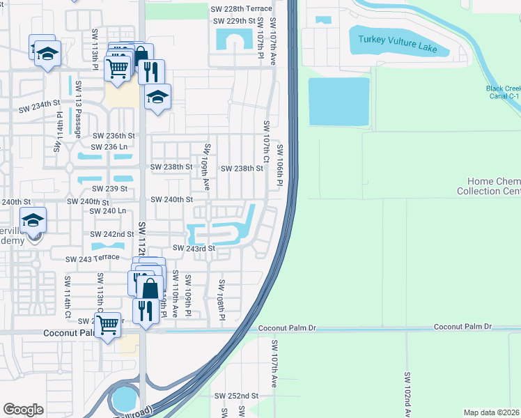 map of restaurants, bars, coffee shops, grocery stores, and more near 24034 Southwest 107th Court in Homestead