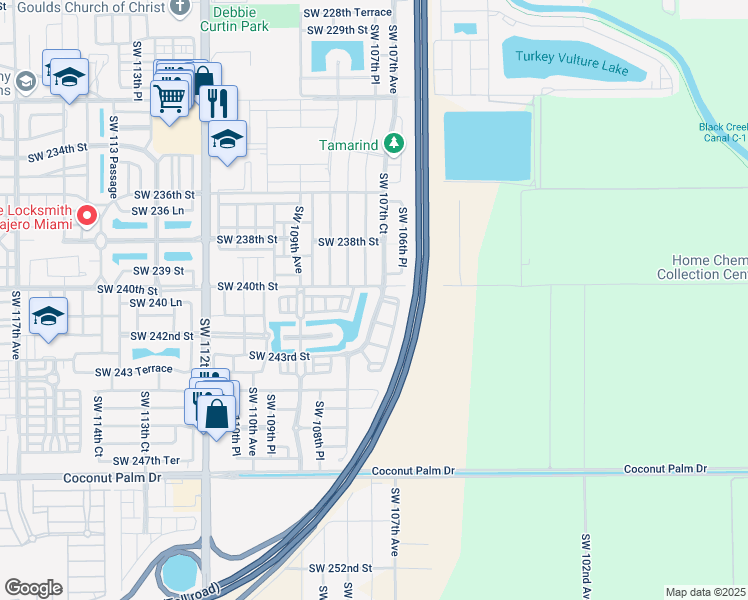 map of restaurants, bars, coffee shops, grocery stores, and more near 24079 Southwest 108th Avenue in Homestead