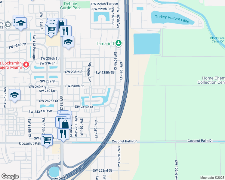 map of restaurants, bars, coffee shops, grocery stores, and more near 24034 Southwest 107th Court in Homestead
