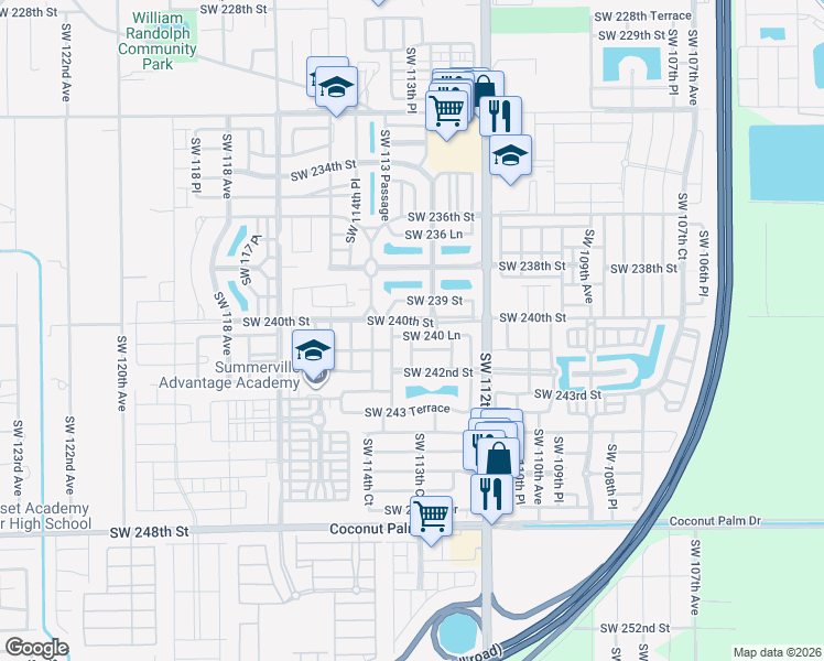 map of restaurants, bars, coffee shops, grocery stores, and more near 11318 Southwest 241st Street in Homestead