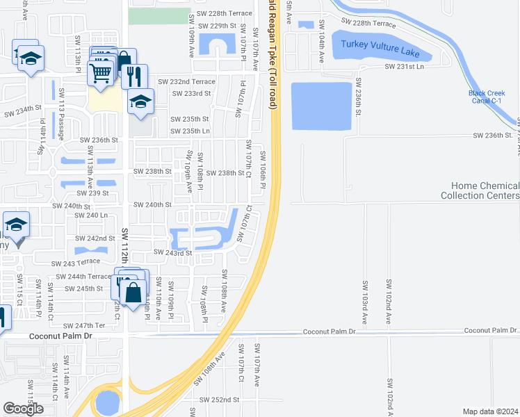 map of restaurants, bars, coffee shops, grocery stores, and more near 10713 Southwest 240th Terrace in Homestead