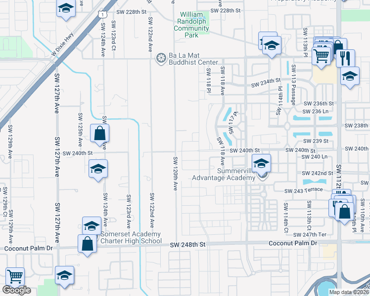map of restaurants, bars, coffee shops, grocery stores, and more near 11999 Southwest 240th Street in Homestead