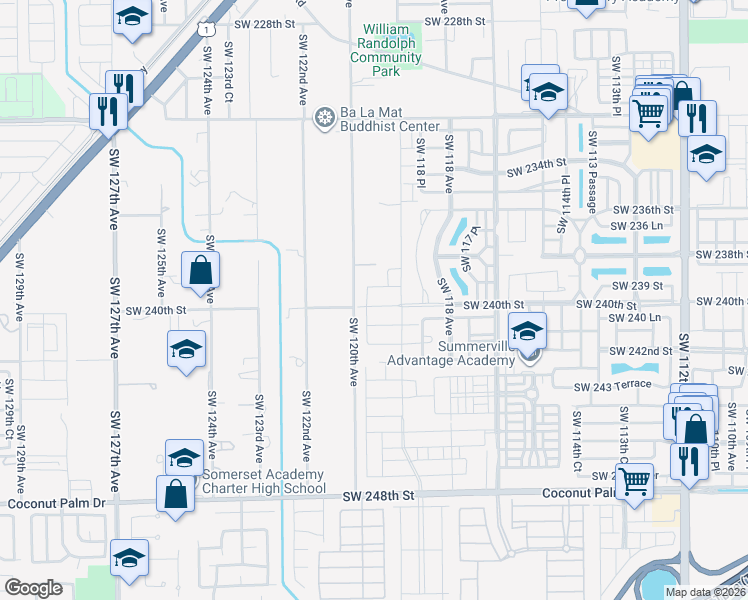 map of restaurants, bars, coffee shops, grocery stores, and more near 11999 Southwest 240th Street in Homestead