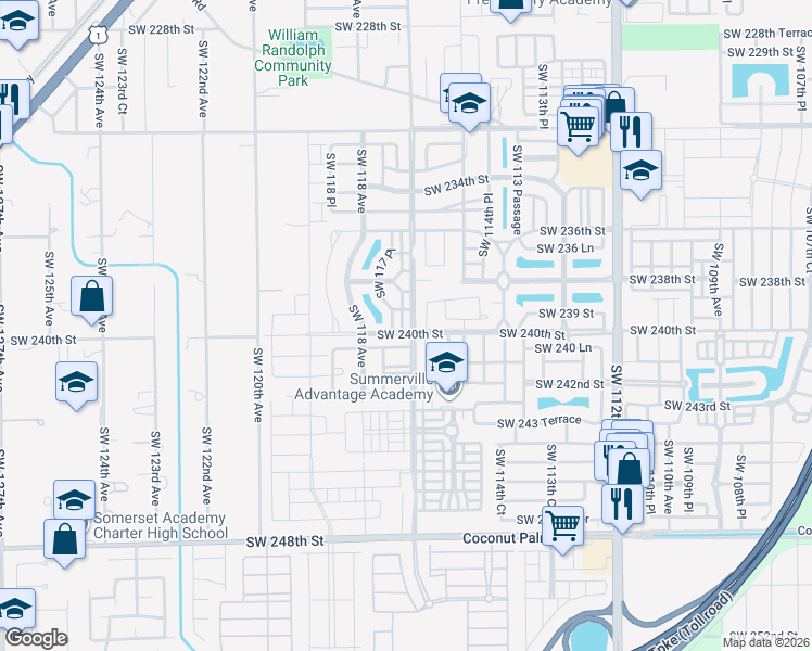 map of restaurants, bars, coffee shops, grocery stores, and more near 23961 Southwest 117th Court in Princeton