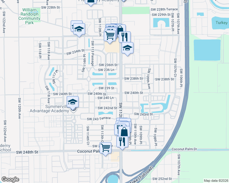 map of restaurants, bars, coffee shops, grocery stores, and more near 11240 Southwest 239 Street in Homestead