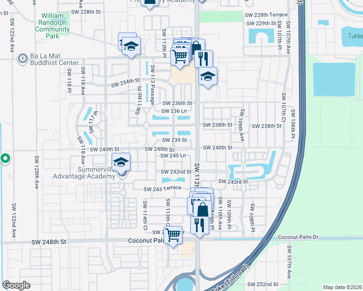 map of restaurants, bars, coffee shops, grocery stores, and more near 11240 Southwest 239 Street in Homestead