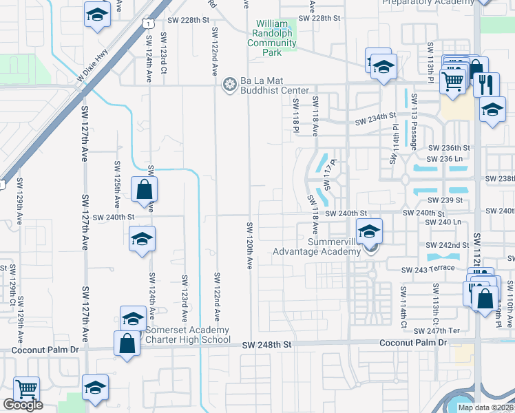 map of restaurants, bars, coffee shops, grocery stores, and more near 11999 Southwest 240th Street in Homestead