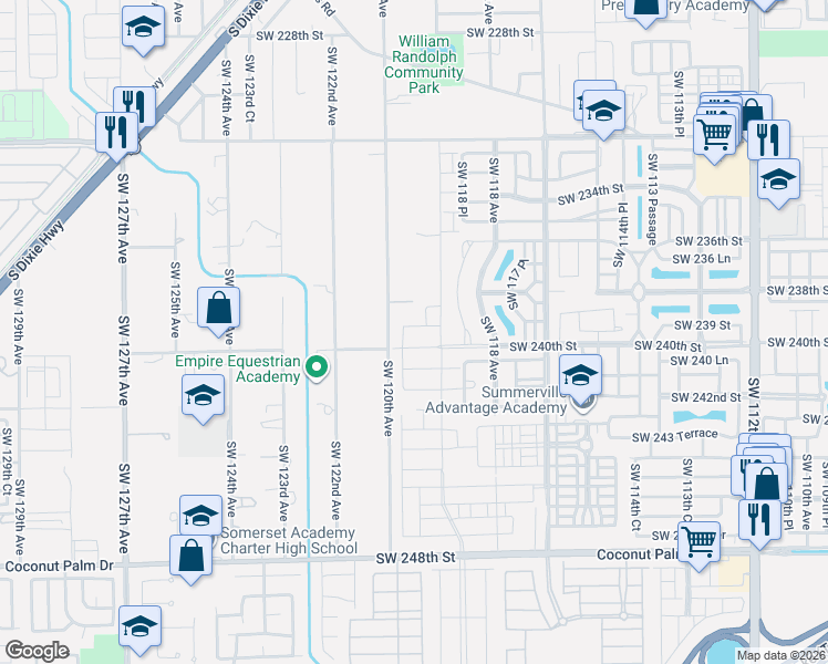 map of restaurants, bars, coffee shops, grocery stores, and more near 11999 Southwest 240th Street in Homestead