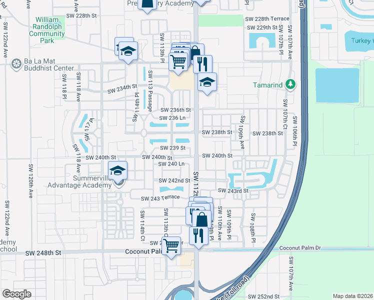 map of restaurants, bars, coffee shops, grocery stores, and more near 11240 Southwest 239 Street in Homestead