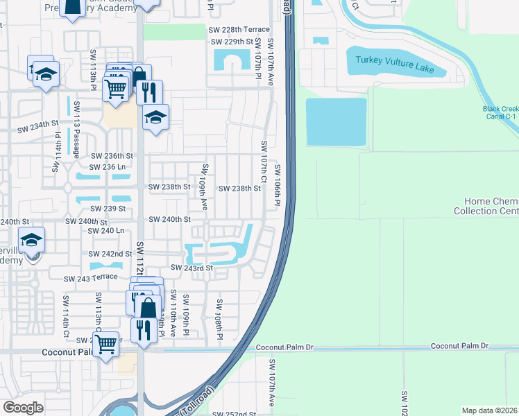 map of restaurants, bars, coffee shops, grocery stores, and more near 10703 Southwest 239th Terrace in Homestead