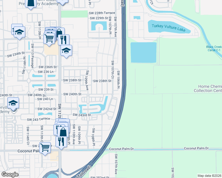 map of restaurants, bars, coffee shops, grocery stores, and more near 10703 Southwest 239th Terrace in Homestead