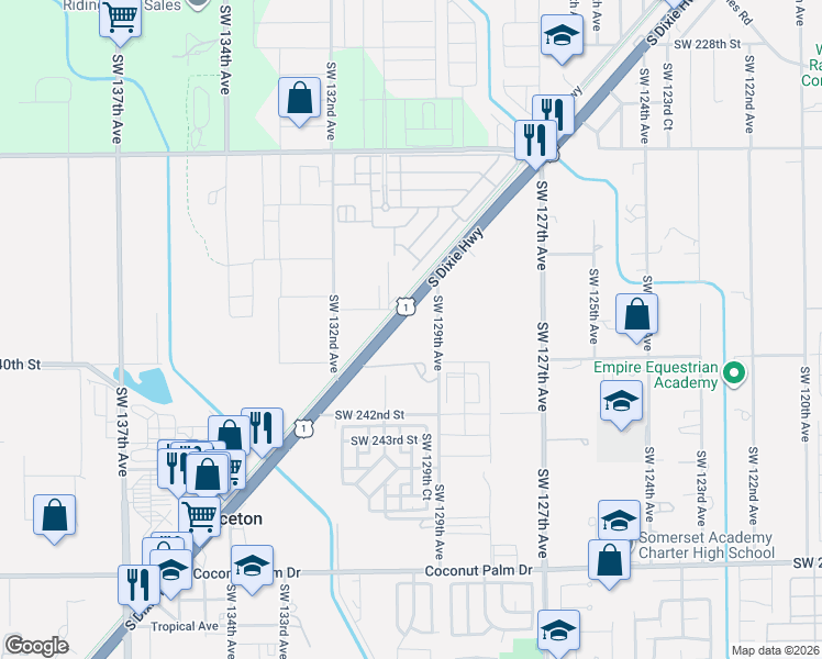 map of restaurants, bars, coffee shops, grocery stores, and more near 23850 Southwest 129th Avenue in Homestead