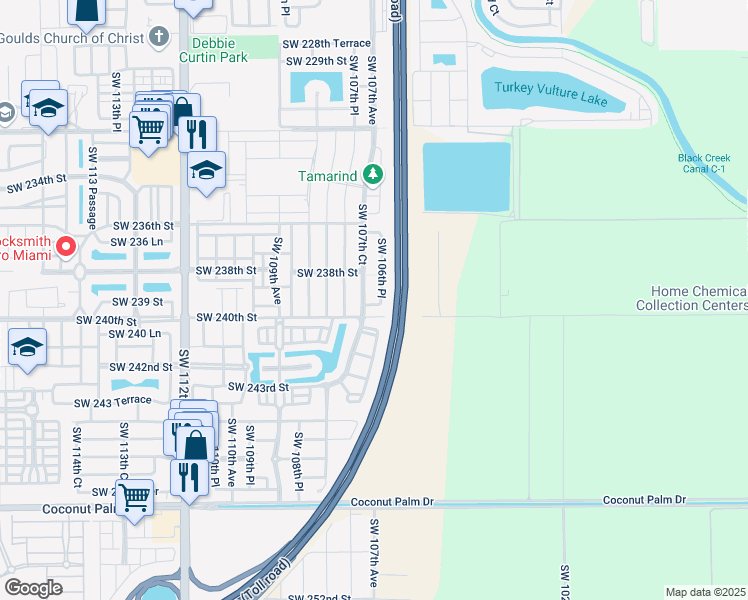 map of restaurants, bars, coffee shops, grocery stores, and more near 10703 Southwest 239th Terrace in Homestead
