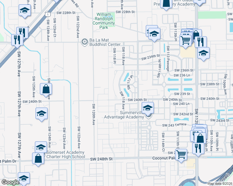 map of restaurants, bars, coffee shops, grocery stores, and more near 23901 Southwest 118 Avenue in Princeton