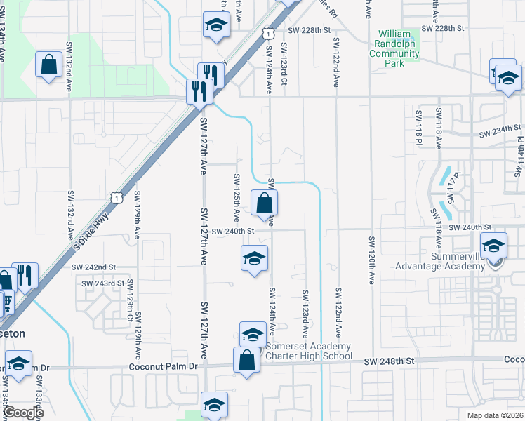 map of restaurants, bars, coffee shops, grocery stores, and more near 23880 Southwest 124th Avenue in Homestead