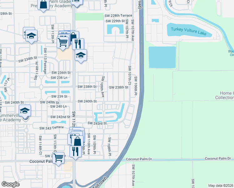 map of restaurants, bars, coffee shops, grocery stores, and more near 23914 Southwest 107th Place in Homestead